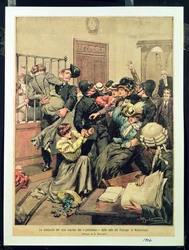 Policemen expelling Suffragettes from a room in the Palace of Westminster